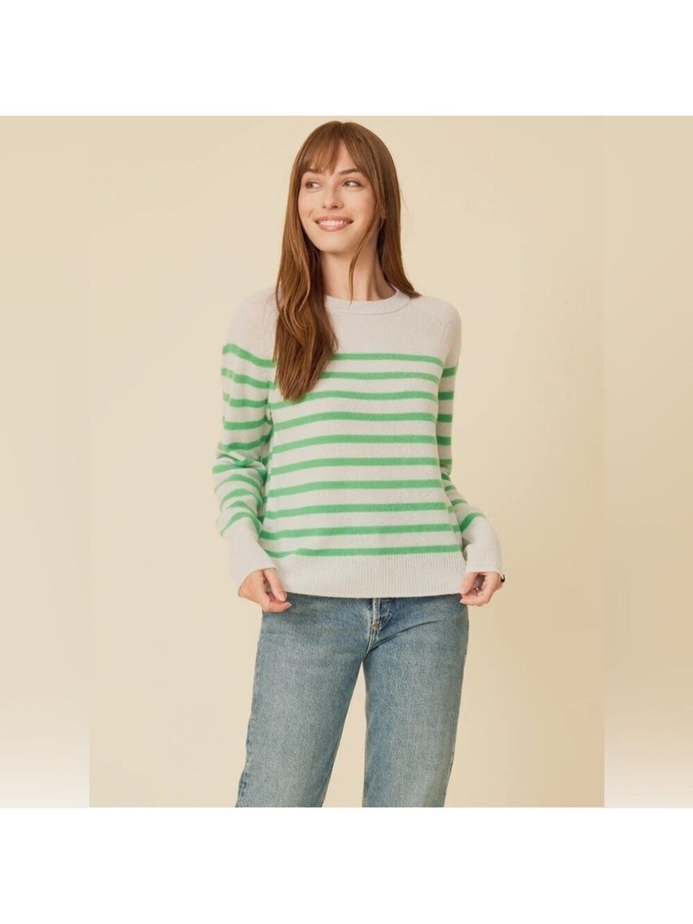One Grey Day Sloane Stripe Cashmere Scoop‎ Neck Sweater Grey Green SZ M